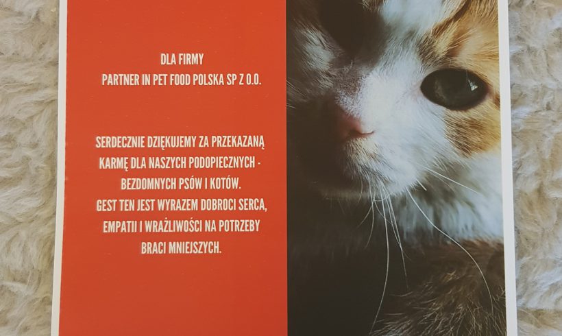 Podziękowania dla Partner in Pet Food Polska Sp. z o.o. za przekazaną karmę