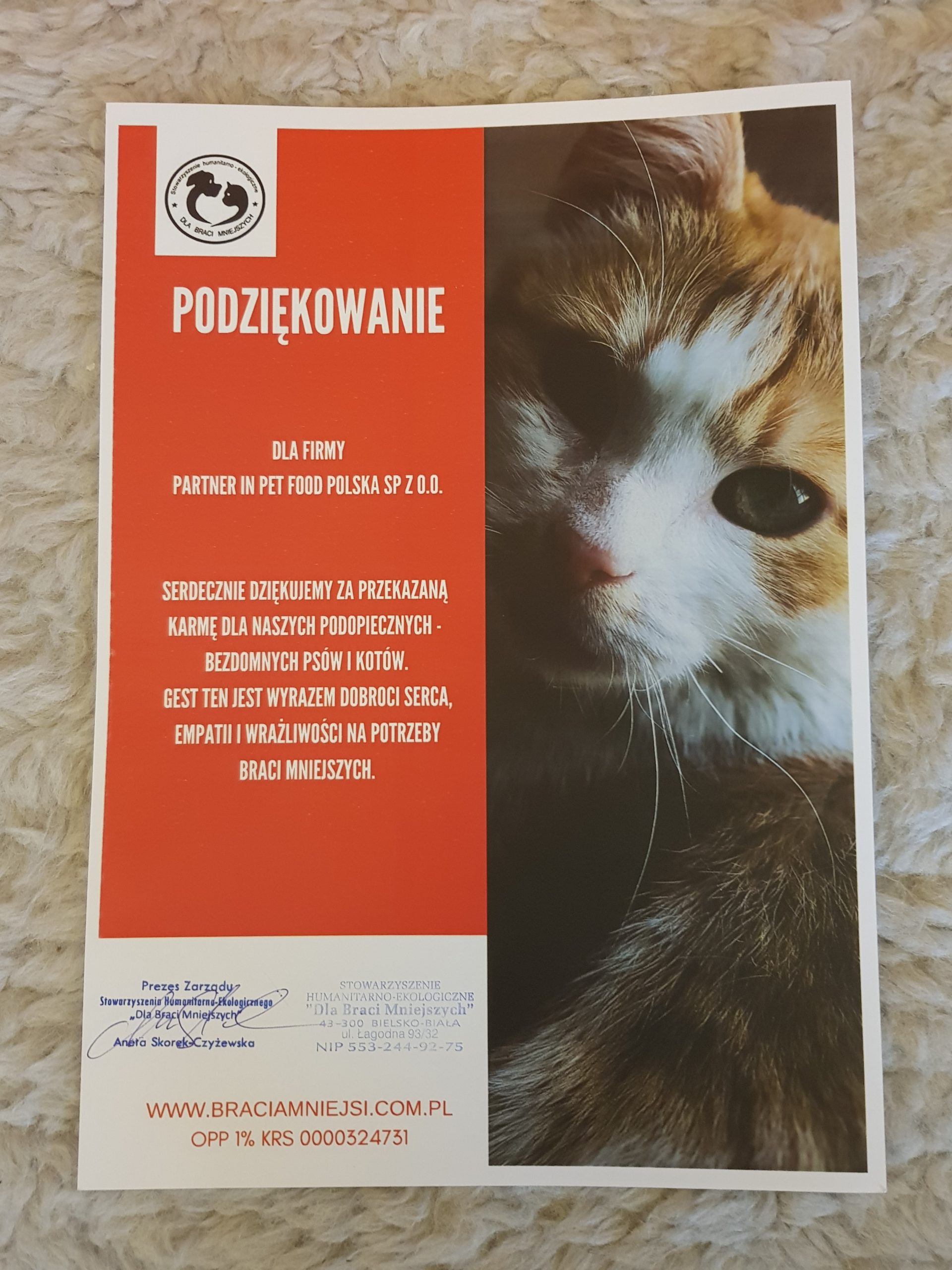 Podziękowania dla Partner in Pet Food Polska Sp. z o.o. za przekazaną karmę